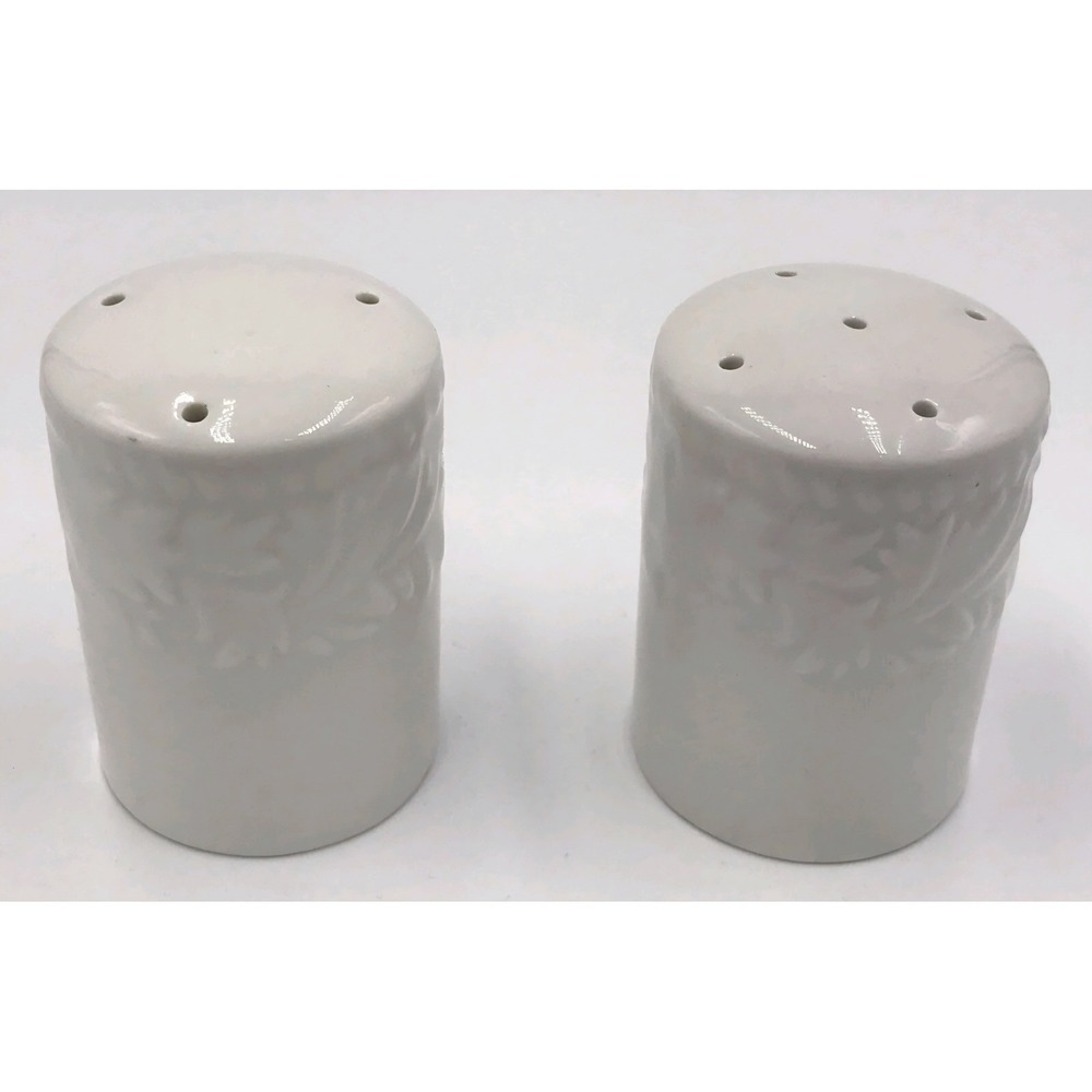 Vintage Art Deco White Ceramic Floral Salt and Pepper Shaker Set embossed leaf